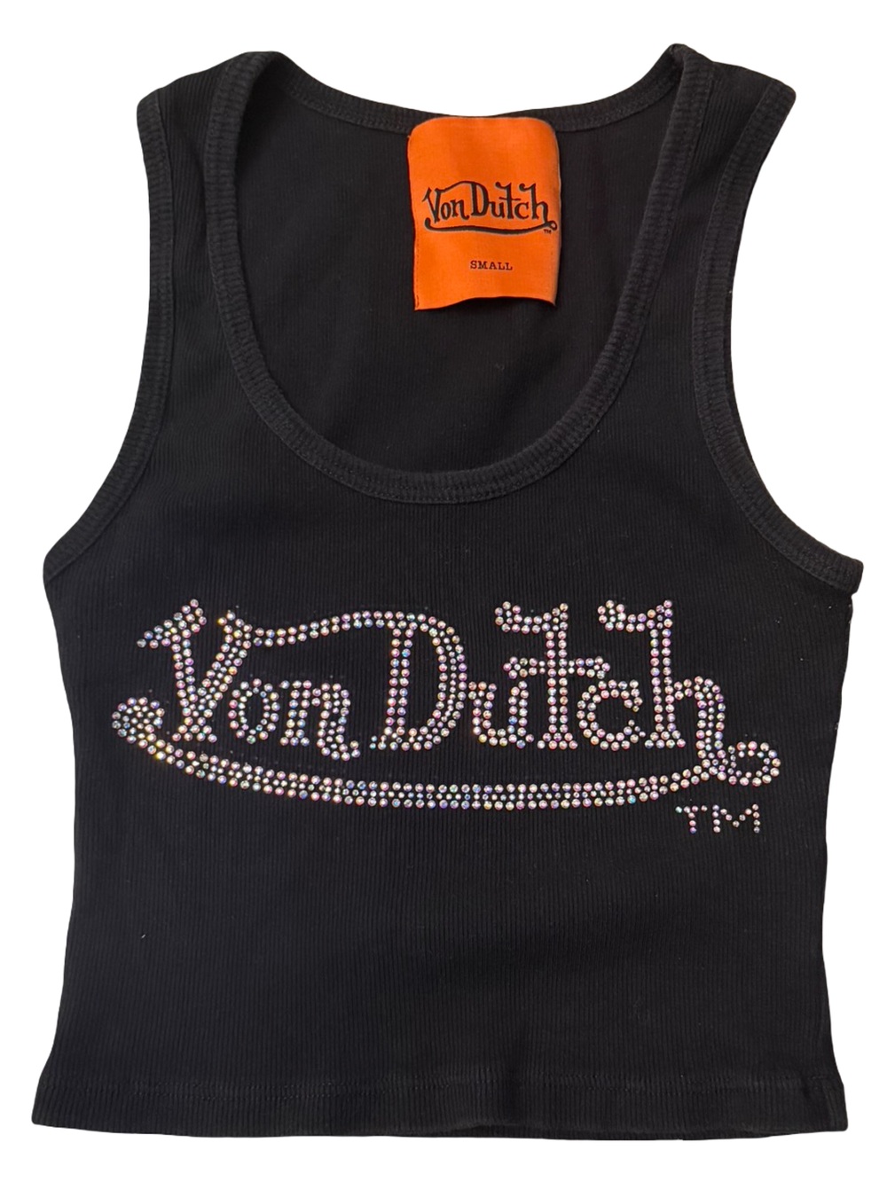 Y2K vintage Von Dutch Black Tank Top with Iridescent Rhinestone Logo Small